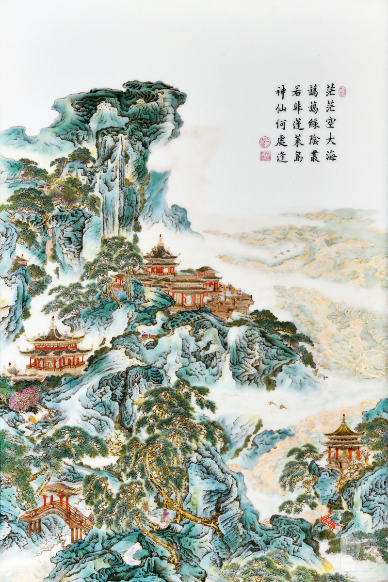 民国 粉彩蓬莱仙阁图瓷板